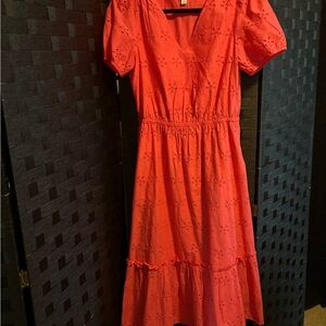 J. Crew Vibrant Coral Eyelet Midi Dress